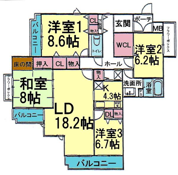 Floor plan. 4LDK, Price 20.8 million yen, The area occupied 121.5 sq m , Balcony area 13.45 sq m