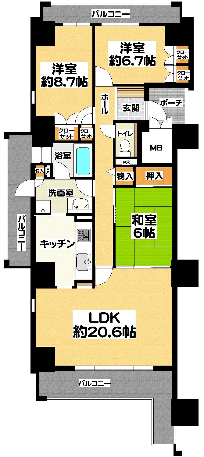 Floor plan. 3LDK, Price 18.3 million yen, Occupied area 99.86 sq m , Balcony area 25.01 sq m