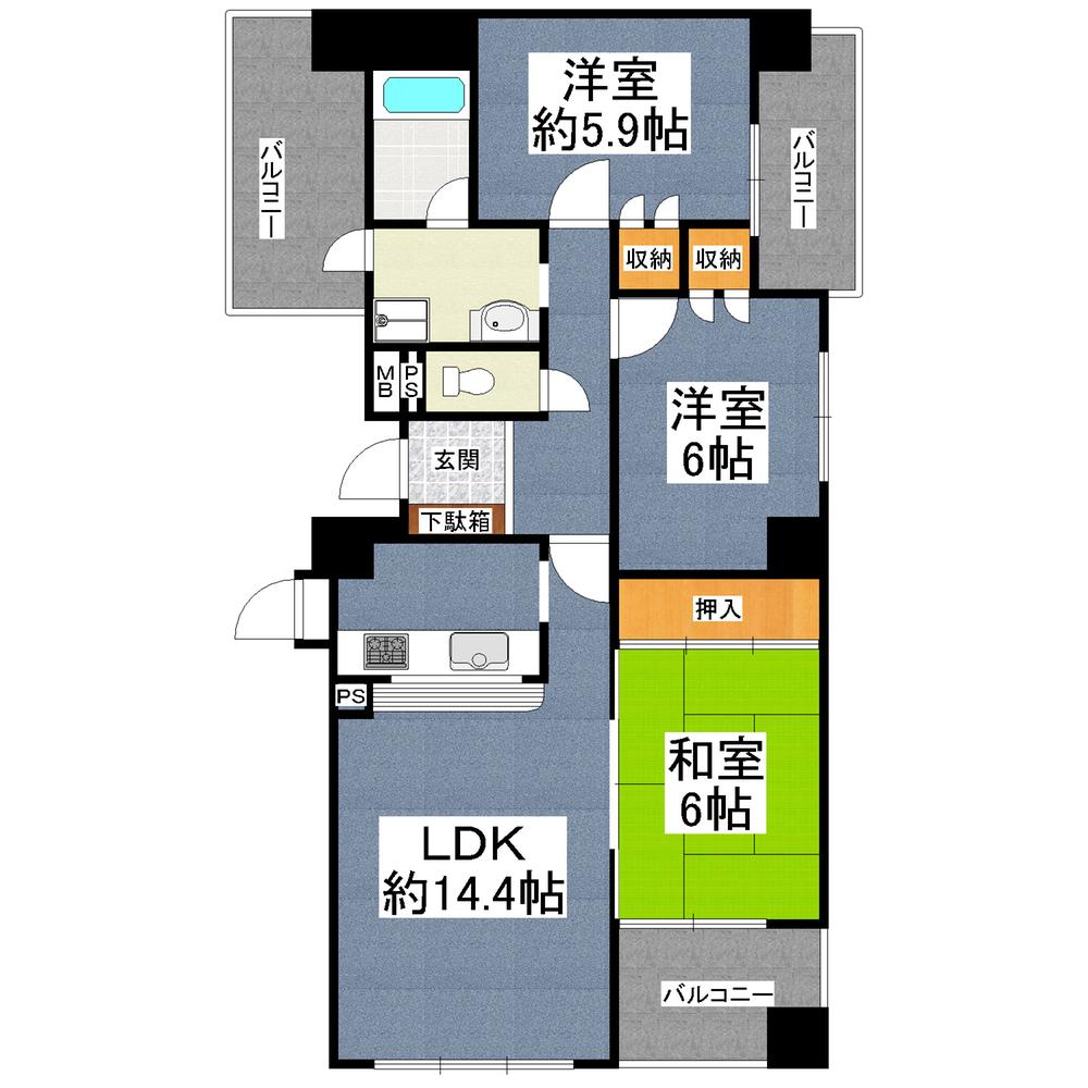 Floor plan. 3LDK, Price 15.9 million yen, Footprint 72.8 sq m , Balcony area 14.61 sq m 3LDK (three direction room)