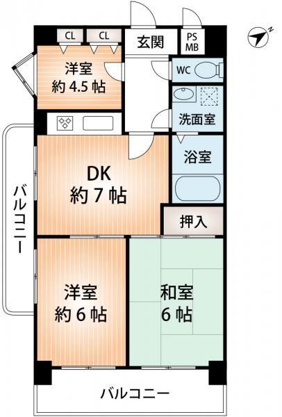Floor plan. 3DK, Price 6.8 million yen, Occupied area 51.84 sq m two-sided balcony!