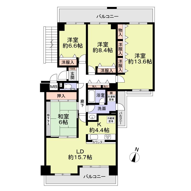 Floor plan. 4LDK, Price 23 million yen, Footprint 123.88 sq m , Balcony area 30.5 sq m