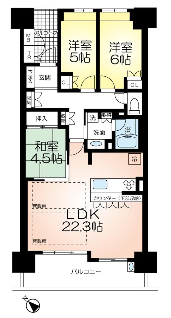 Floor plan. 3LDK, Price 33,800,000 yen, Occupied area 88.34 sq m , Balcony area 11.66 sq m