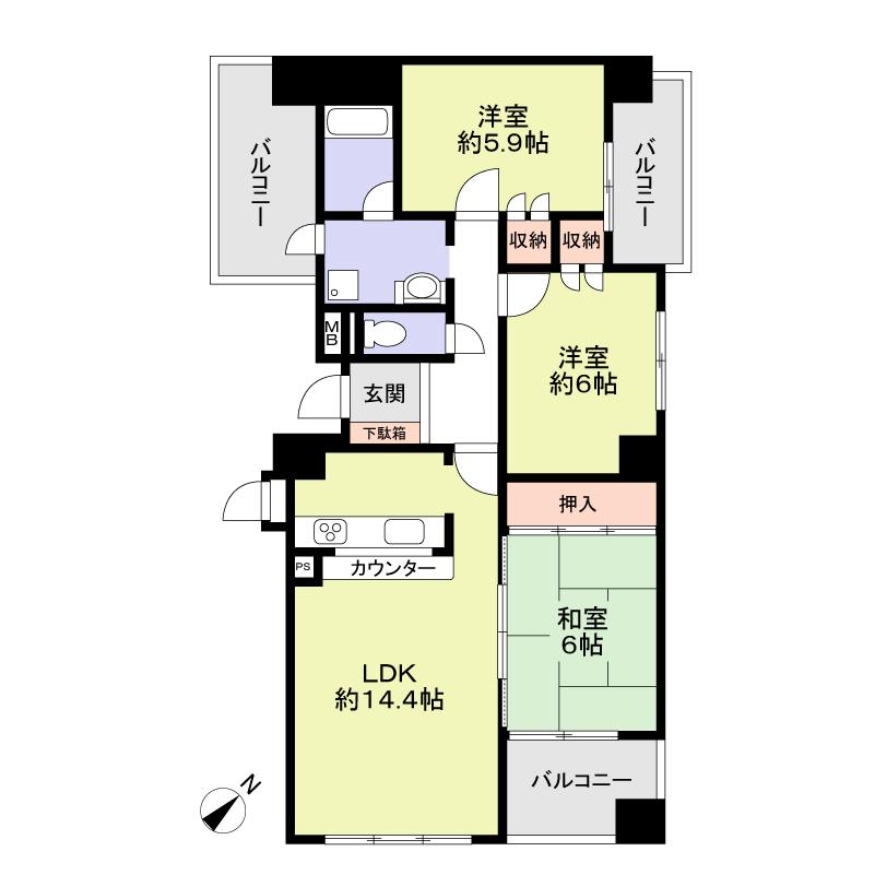 Floor plan. 3LDK, Price 15.9 million yen, Footprint 72.8 sq m , Balcony area 14.61 sq m
