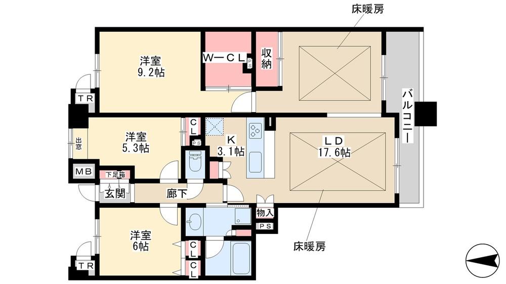 Floor plan. 3LDK, Price 24,800,000 yen, Occupied area 88.18 sq m , Floor heating on the balcony area 10.73 sq m living ・ Spacious walk-in closet