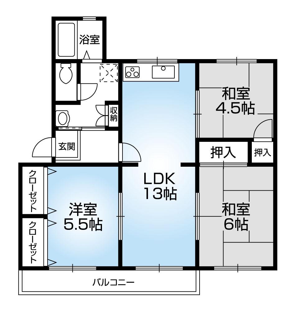 Floor plan. 3LDK, Price 6.95 million yen, Occupied area 65.32 sq m , Balcony area 5 sq m Mato (3LDK) 2013 October renovation completed. Yang per at the southeast angle room ・ Ventilation is good.