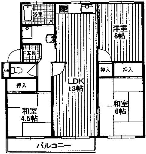 Floor plan. 3LDK, Price 6.3 million yen, Occupied area 60.35 sq m , Balcony area 6 sq m