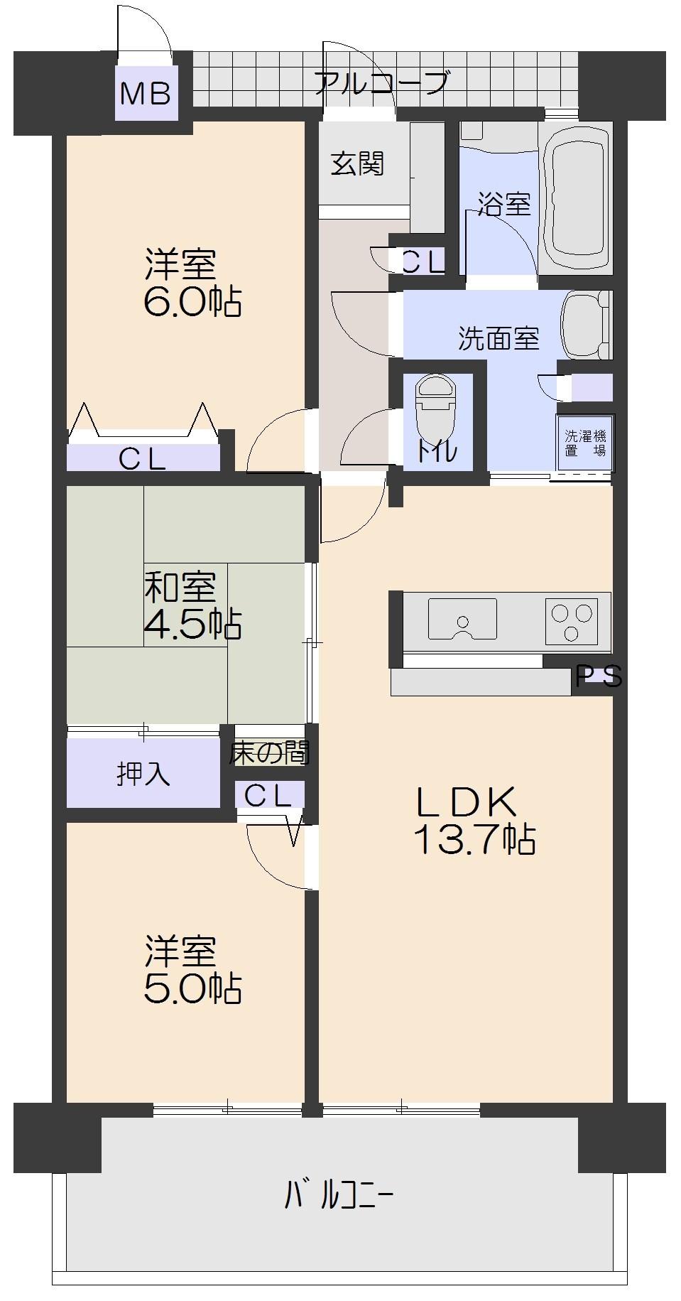 Floor plan. 3LDK, Price 20.8 million yen, Footprint 65 sq m , Balcony area 11.59 sq m