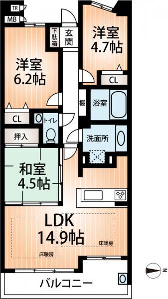 Floor plan. 3LDK, Price 18,800,000 yen, Footprint 68.4 sq m