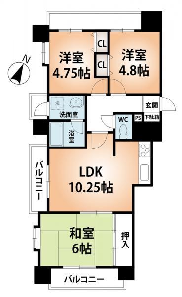 Floor plan. 3LDK, Price 18,800,000 yen, Occupied area 64.67 sq m , Balcony area 10.52 sq m