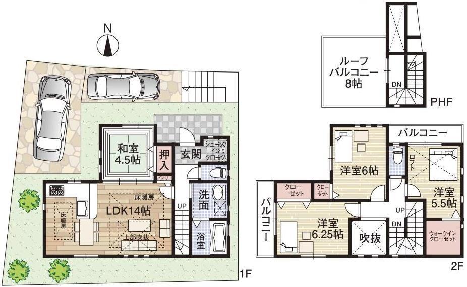 Floor plan. 32,500,000 yen, 4LDK, Land area 117.22 sq m , Building area 92.53 sq m atrium ・ One house to look good at the roof balcony 4LDK garage two parking allowed between a population of about 10.6m