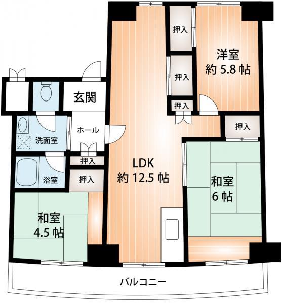 Floor plan. 3LDK, Price 18,800,000 yen, Occupied area 70.49 sq m , Balcony area 10 sq m
