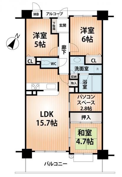 Floor plan. 3LDK+S, Price 16.8 million yen, Occupied area 75.09 sq m , Balcony area 11.76 sq m living another in the living room 3 room, It can be used widely in there storage.