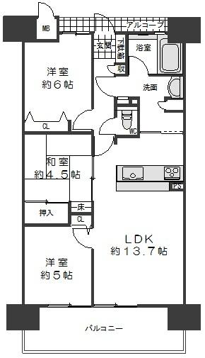 Floor plan. 3LDK, Price 20.8 million yen, Footprint 65 sq m , Balcony area 11.59 sq m