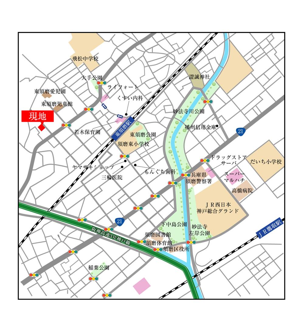 Local guide map. 6-minute walk from Sanyo train "Higashi-Suma Station". 