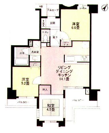 Floor plan. 3LDK, Price 22,800,000 yen, Occupied area 61.43 sq m , Balcony area 10.88 sq m angle room 3LDK. Southwest Corner Room. There view