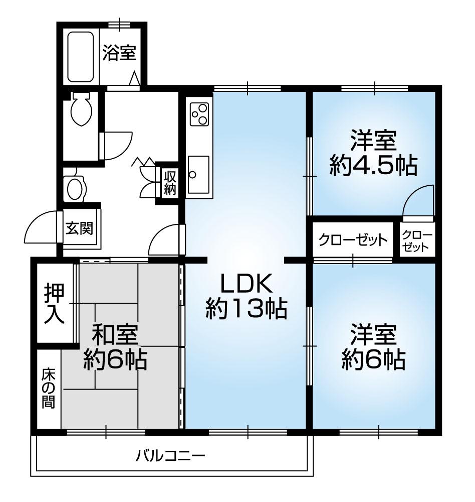 Floor plan. 3LDK, Price 5.5 million yen, Occupied area 65.32 sq m , Balcony area 5 sq m Mato (3LDK). 2013 May the entire renovation completed. Yang This good at MinamiMuko. All rooms have daylight.