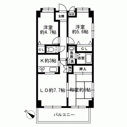 Floor plan. 3LDK, Price 14.6 million yen, Footprint 59.7 sq m , Balcony area 7.82 sq m