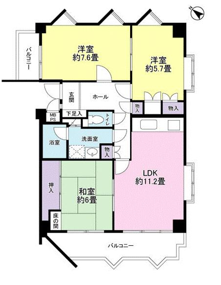 Floor plan. 3LDK, Price 12.8 million yen, Occupied area 72.67 sq m , Balcony area 13.54 sq m south ・ east ・ North 3 direction room