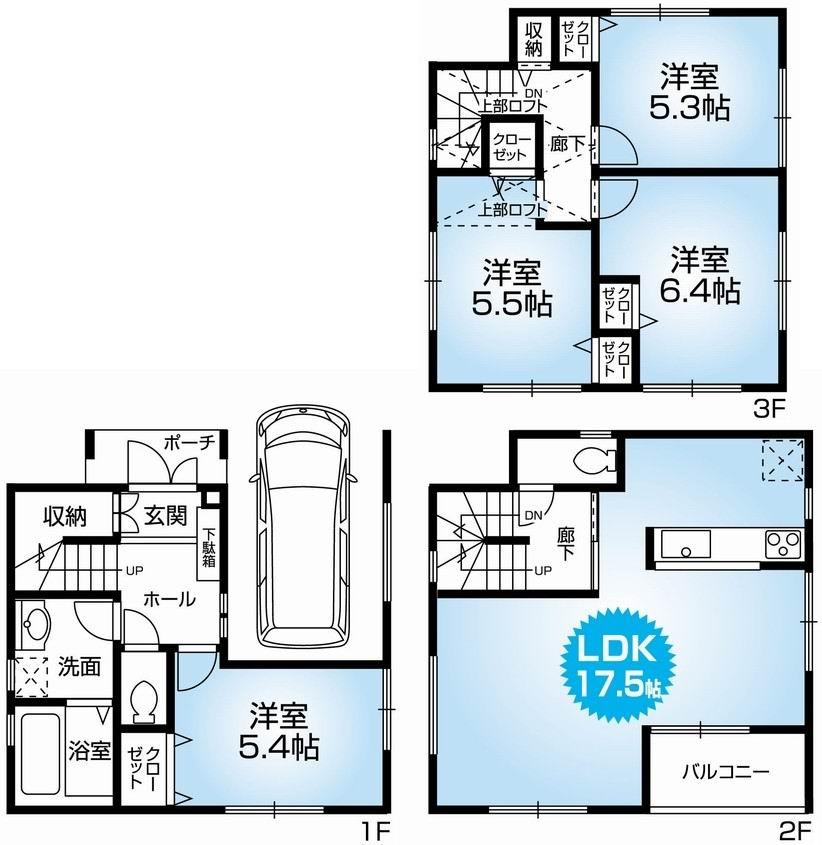 Floor plan. 33,500,000 yen, 4LDK, Land area 57.44 sq m , Building area 110.56 sq m Mato (4LDK). Newly built one detached houses with car port. Hito at the north-south road on both sides ・ Ventilation is good. 