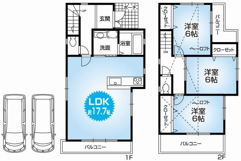 Floor plan. 35,900,000 yen, 3LDK, Land area 78.18 sq m , Building area 112.36 sq m Mato (3LDK). Garage with two newly built one detached. Eco Paradise construction method (anti-oxidation housing). Corner lot ・ Yang This good in the south-west direction. 