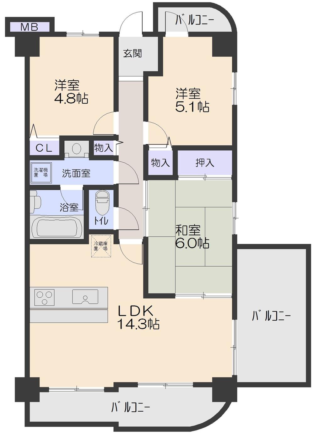 Floor plan. 3LDK, Price 11.5 million yen, Occupied area 66.65 sq m , Balcony area 19.32 sq m