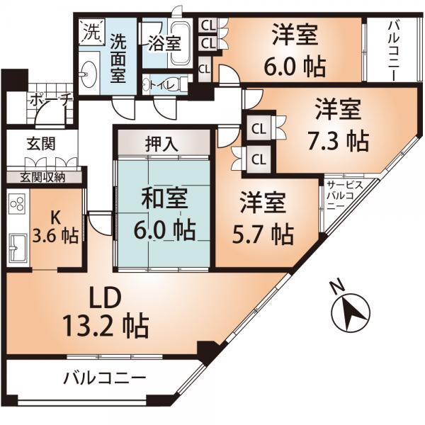 Floor plan. 4LDK, Price 25,800,000 yen, Occupied area 96.24 sq m , Balcony area 14.16 sq m