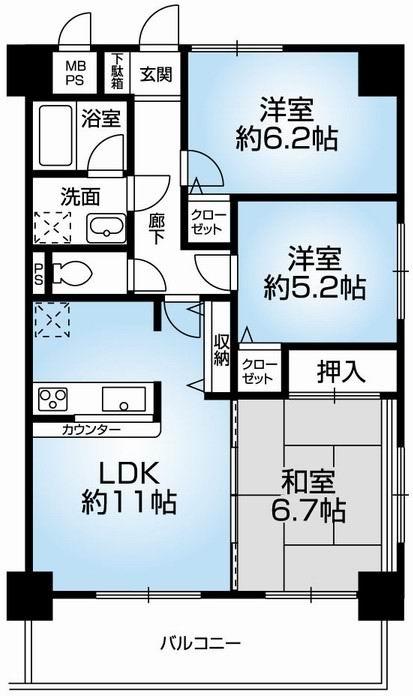 Floor plan. 3LDK, Price 16.8 million yen, Footprint 67.5 sq m , Balcony area 9.6 sq m of Mato (3LDK). 2013 July renovation completed. You can see the sea. Hito at the southeast angle room ・ View ・ Ventilation good.