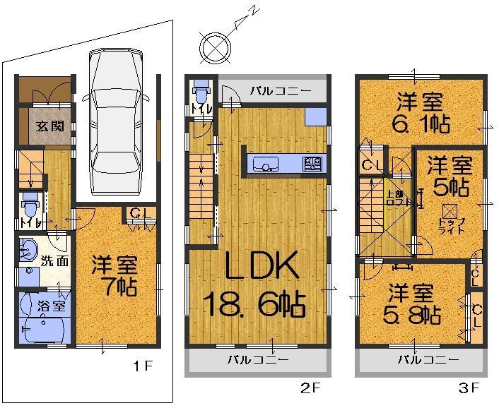 Floor plan. (A No. land), Price 34,800,000 yen, 4LDK, Land area 64.87 sq m , Building area 114.21 sq m