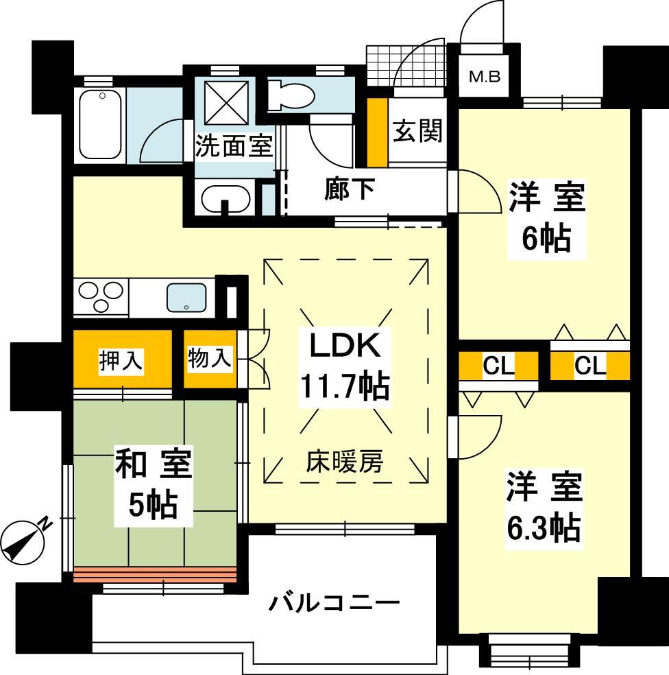 Floor plan. 3LDK, Price 20.8 million yen, Occupied area 63.21 sq m , Balcony area 7.74 sq m