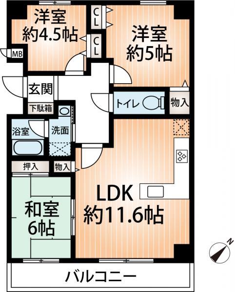 Floor plan. 3LDK, Price 9.3 million yen, Occupied area 62.21 sq m , Balcony area 9.12 sq m