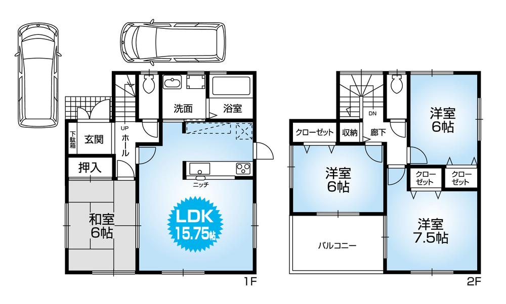 Floor plan. 26,300,000 yen, 4LDK, Land area 175.21 sq m , Building area 95.58 sq m Mato (4LDK). Carport with two newly built one detached. All room 6 quires more relaxed 4LDK. 