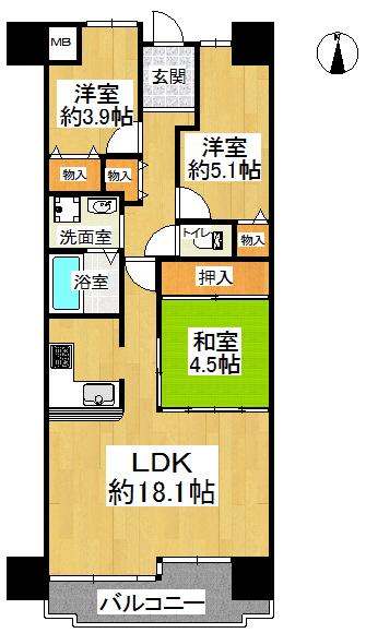 Floor plan. 3LDK, Price 8.8 million yen, Occupied area 68.99 sq m , Balcony area 8.92 sq m