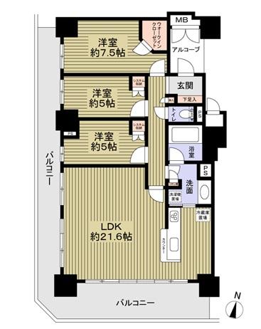 Floor plan. 3LDK, Price 37,800,000 yen, Occupied area 86.41 sq m , Balcony area 32.86 sq m