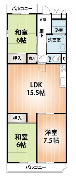Floor plan. 3LDK, Price 7.9 million yen, Occupied area 74.25 sq m , Balcony area 9.46 sq m
