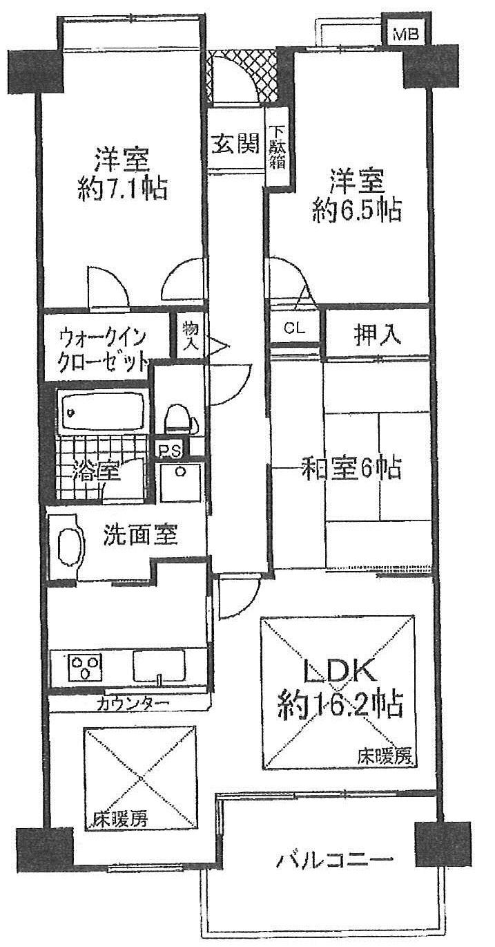 Floor plan. 3LDK, Price 22,900,000 yen, Occupied area 80.63 sq m , 3LDK with a focus on LDK of balcony area 9.01 sq m 16.2 Pledge The LDK part there is a floor heating. In the south balcony, For day is good there is no building on the south side.