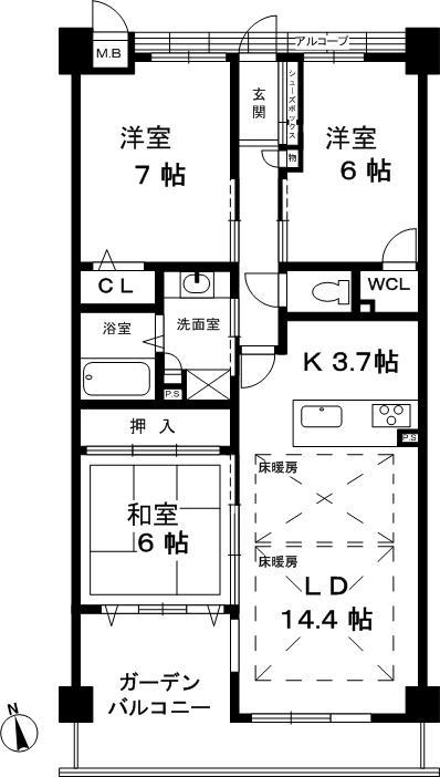 Floor plan. 3LDK, Price 28.5 million yen, Occupied area 80.57 sq m , Balcony area 15.34 sq m