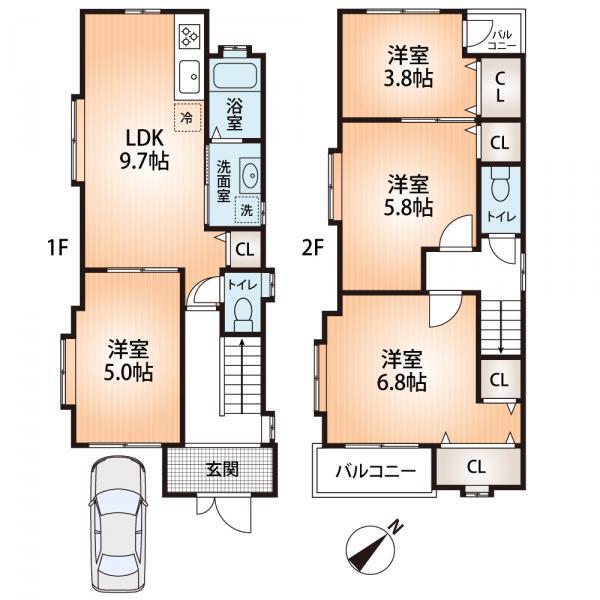 Floor plan. 15.8 million yen, 4DK, Land area 73.1 sq m , Building area 72.44 sq m