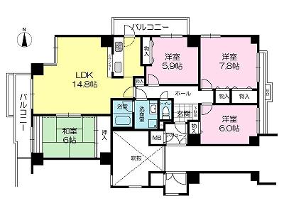 Floor plan. 4LDK, Price 12.8 million yen, Occupied area 96.82 sq m , Balcony area 12.85 sq m 4LDK