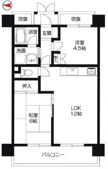 Floor plan. 2LDK, Price 4.5 million yen, Footprint 51 sq m , Since the large windows on the balcony area 9.45 sq m living room is facing is a bright room