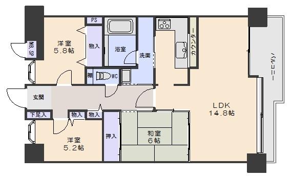 Floor plan. 3LDK, Price 13.8 million yen, Occupied area 69.82 sq m , Balcony area 11.11 sq m