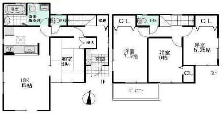 Floor plan. 34,800,000 yen, 4LDK, Land area 115.09 sq m , Good per sun on building area 96.05 sq m south-facing balcony