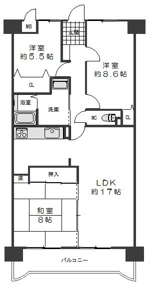 Floor plan. 3LDK, Price 12.8 million yen, Footprint 85 sq m , Balcony area 14.07 sq m
