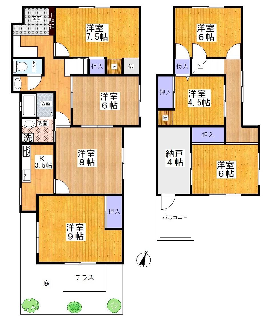 Floor plan. 6.8 million yen, 7K + S (storeroom), Land area 135.53 sq m , Building area 124.67 sq m