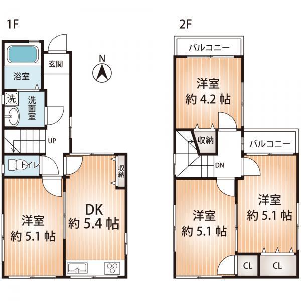 Floor plan. 15.8 million yen, 4DK, Land area 65.92 sq m , Building area 60 sq m first floor dining kitchen and living. Second floor of the three-room is the room with storage.
