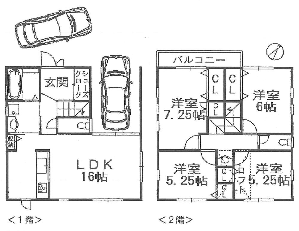 Floor plan. 22 million yen, 4LDK, Land area 102 sq m , Newly built single-family of 4LDK with a focus on LDK of building area 103.68 sq m 16 Pledge Attached to both sides of the road, Per yang ・ Ventilation has become a good.  In the second floor Western-style room also available loft. 