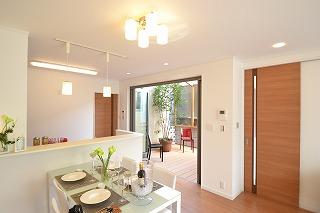 Model house photo. Living with a patio, , , Patio that leads to the LDK. He worked as a bright open living.