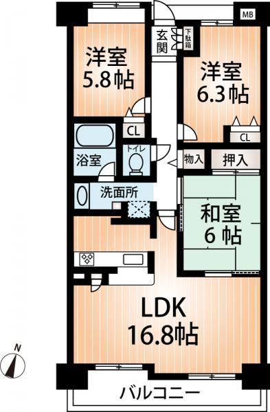 Floor plan. 3LDK, Price 18,800,000 yen, Occupied area 76.69 sq m , Balcony area 10.16 sq m