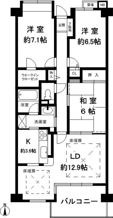 Floor plan. 3LDK, Price 24,800,000 yen, Occupied area 80.63 sq m , Balcony area 9.01 sq m