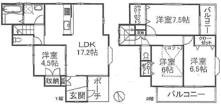 Floor plan. 27,800,000 yen, 4LDK + S (storeroom), Land area 113.8 sq m , Because there is housing the LDK of building area 98 sq m 17.2 Pledge to detached each room of 4SLDK with a focus, It can be widely used rooms. There is a view overlooking the sea from the second floor.