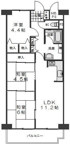 Floor plan. 3LDK, Price 6.5 million yen, Footprint 61.6 sq m , Balcony area 7.7 sq m